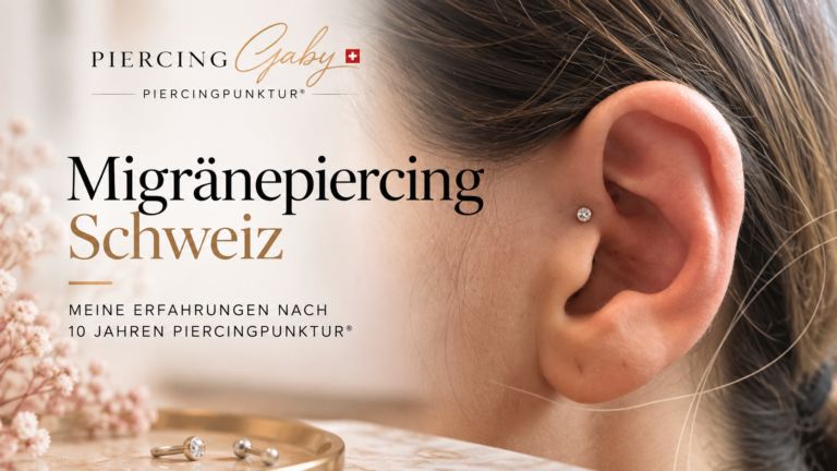 Close-up of a woman's ear with a small diamond stud; banner reads Migmarempiercing Schweiz with the brand logo in the upper left.